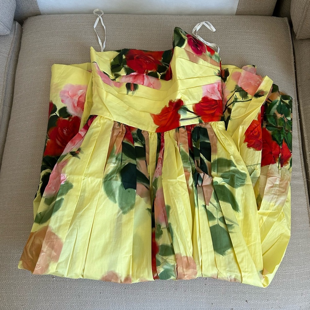 Cara Cara Daria Midi Dress - Le Rose Yellow Red Floral Strapless Cocktail Weddin - Picture 5 of 12